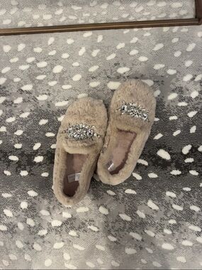 Free People Beige Faux Fur Jeweled Loafers